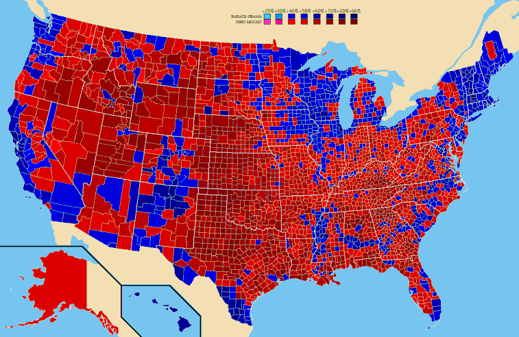 The 2008 election shows the Democrats losing more of the heartland, even in victory.
